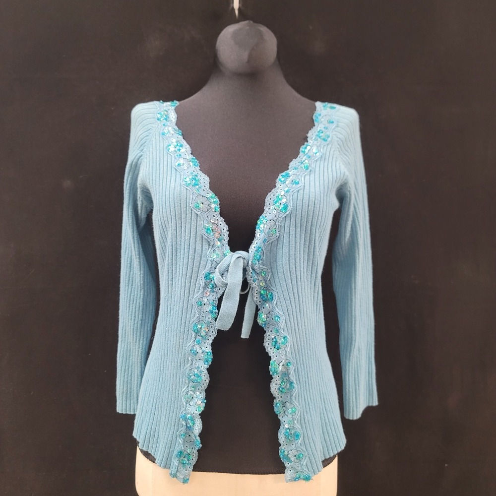 Vintage Pout Womens Tie Front Cardigan Size M‎ Sequins Blue Y2K Fairy Phoebe